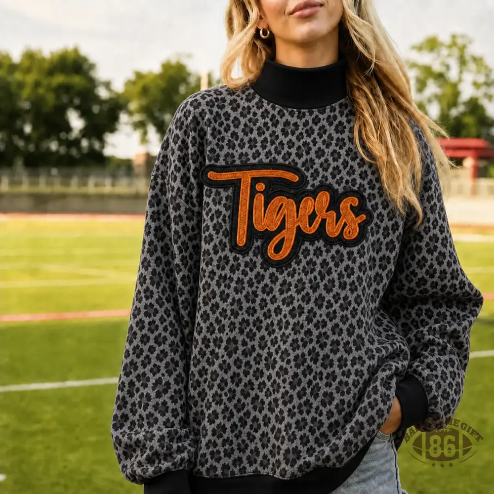 Custom Glitter Team Name Leopard Mockneck Sweatshirt | Game Day Spirit Top