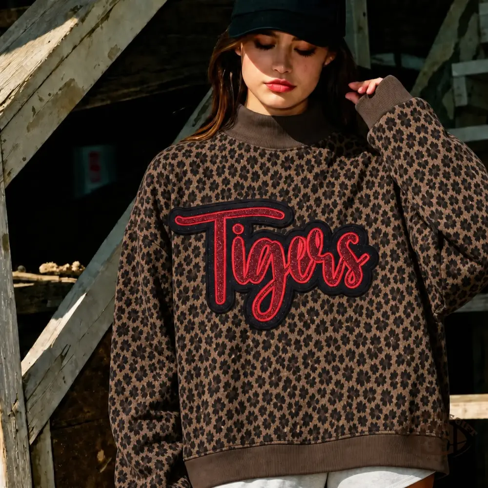 Custom Glitter Team Name Leopard Mockneck Sweatshirt | Game Day Spirit Top
