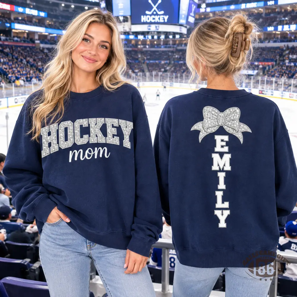 Custom Hockey Mom Sweatshirt, Personalized Name Bow Game Day Sports Mom Crewneck Gift