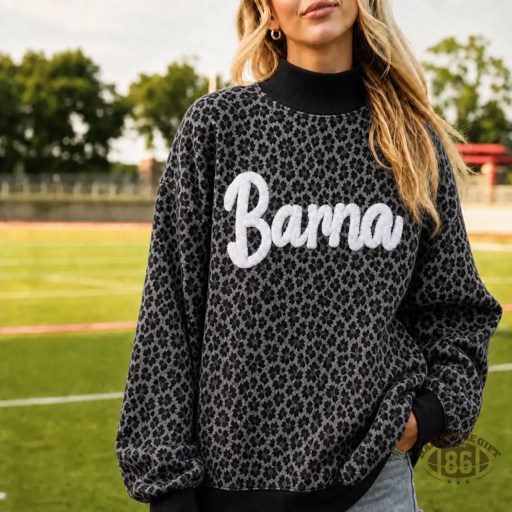 Custom Leopard Chenille Mock Neck Sweatshirt, Personalized Team Name Chenille Embroidery Game Day Crewneck
