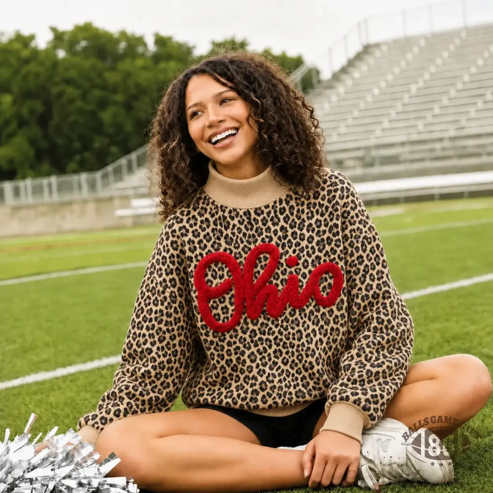 Custom Leopard Chenille Mock Neck Sweatshirt, Personalized Team Name Chenille Embroidery Game Day Crewneck
