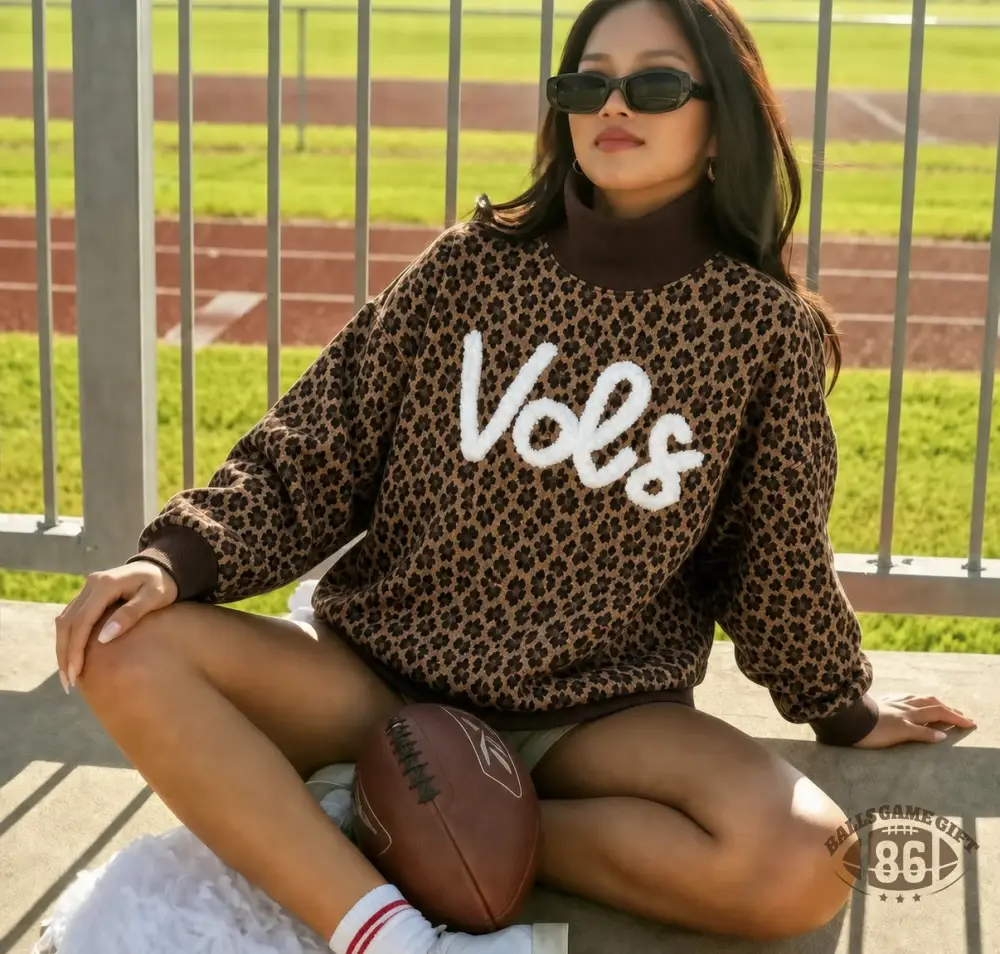 Custom Leopard Chenille Mock Neck Sweatshirt, Personalized Team Name Chenille Embroidery Game Day Crewneck