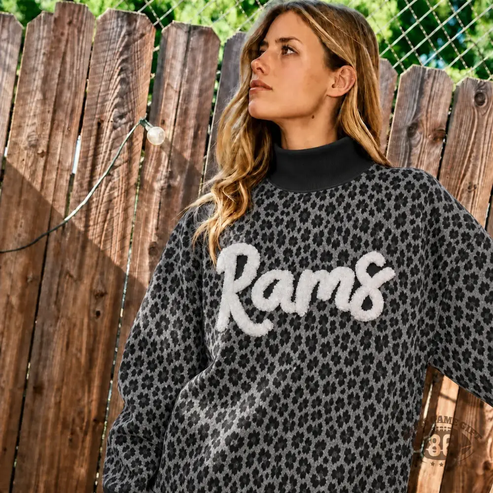 Custom Leopard Chenille Mock Neck Sweatshirt, Personalized Team Name Chenille Embroidery Game Day Crewneck