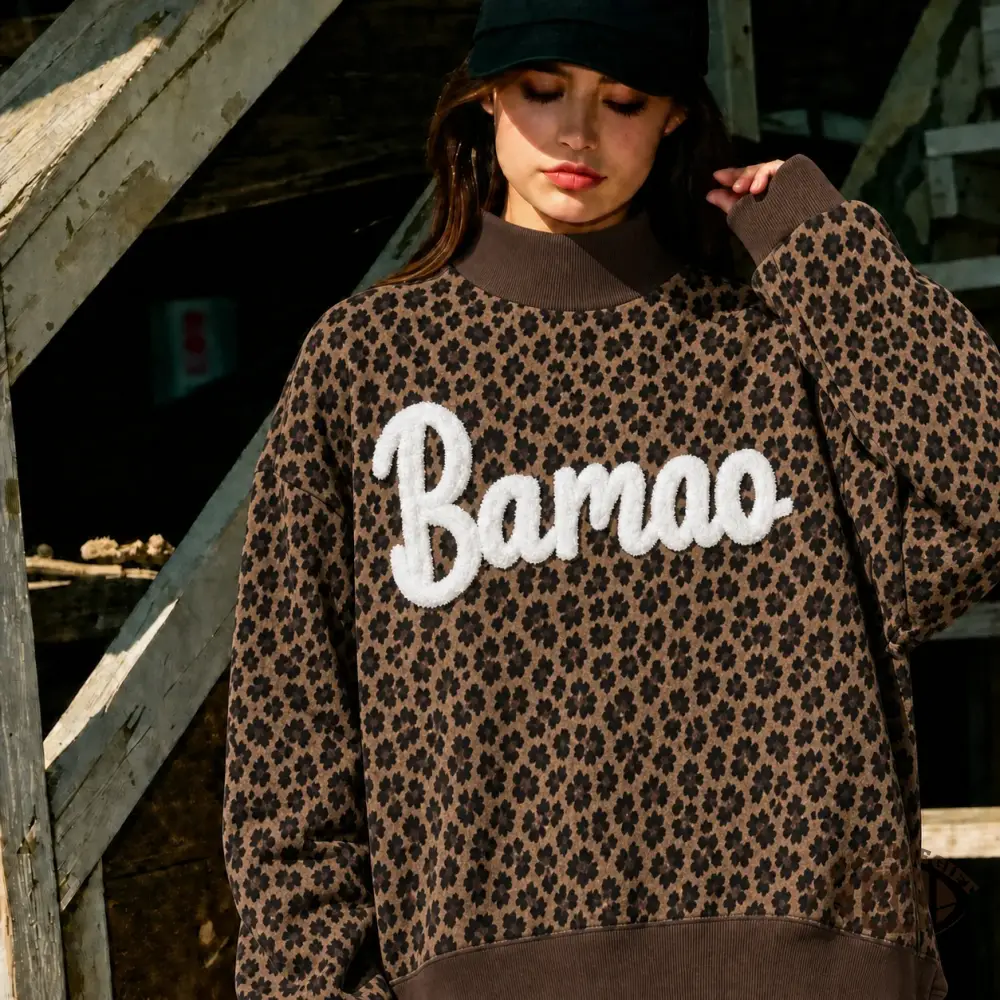 Custom Leopard Chenille Mock Neck Sweatshirt, Personalized Team Name Chenille Embroidery Game Day Crewneck