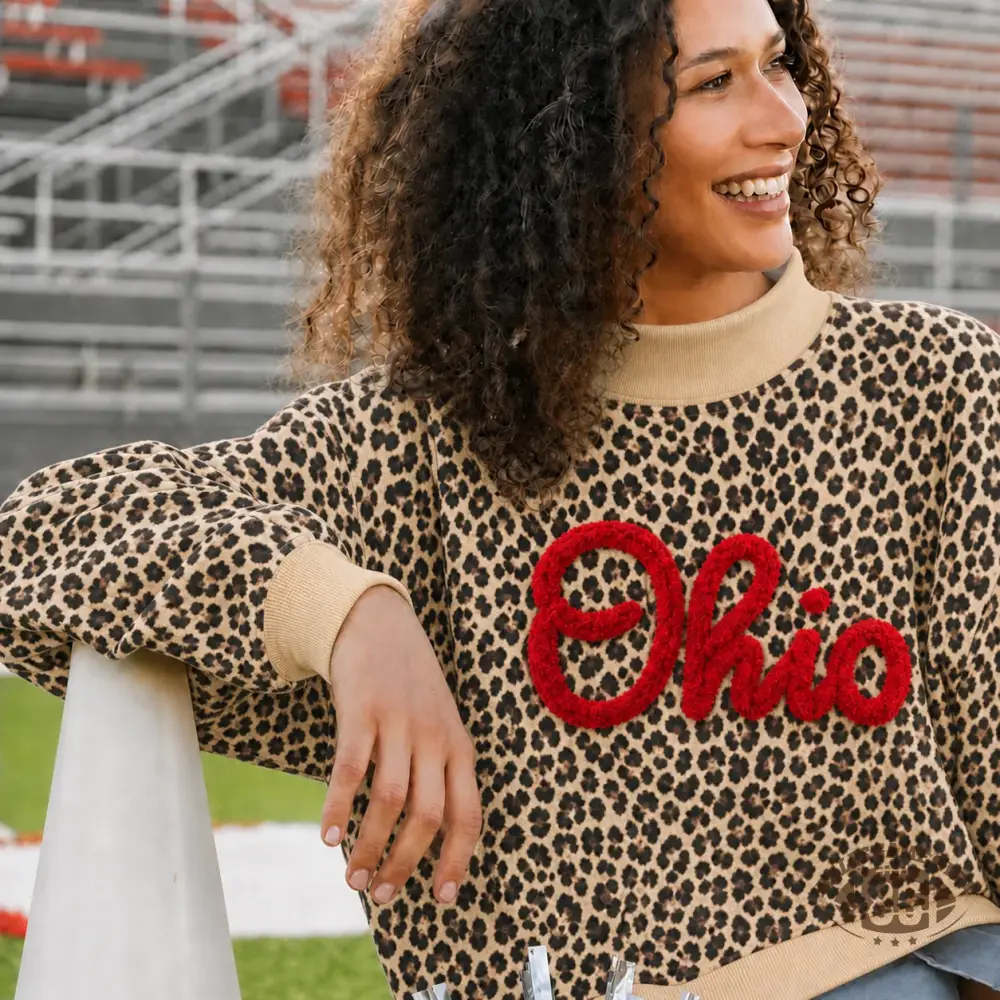 Custom Leopard Chenille Mock Neck Sweatshirt, Personalized Team Name Chenille Embroidery Game Day Crewneck