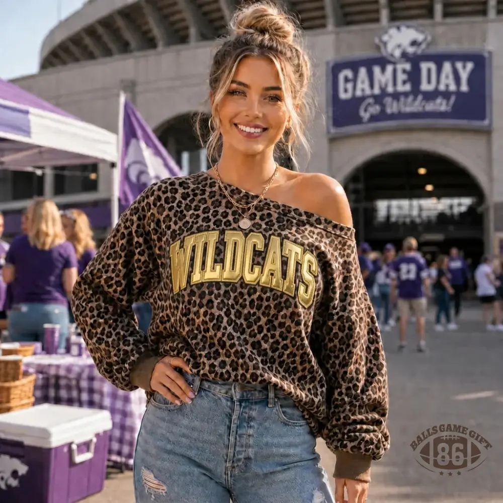 Custom Leopard Off-the-Shoulder Sweatshirt with Metallic Puff Team Name | Game Day Wear