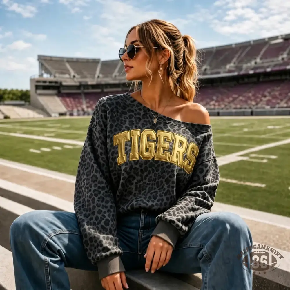Custom Leopard Off-the-Shoulder Sweatshirt with Metallic Puff Team Name | Game Day Wear