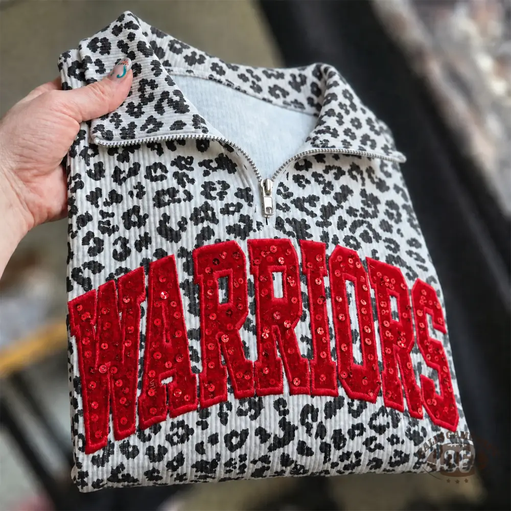 Custom Leopard Print Quarter Zip Sweatshirt, Personalized Sequin Team Name Game Day Crewneck