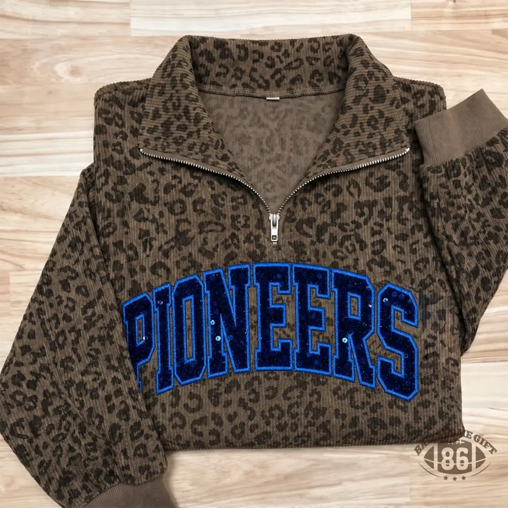 Custom Leopard Print Quarter Zip Sweatshirt, Personalized Sequin Team Name Game Day Crewneck