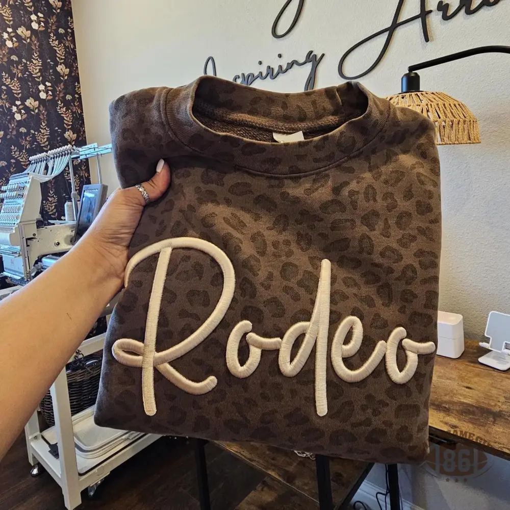 Custom Leopard Puff Embroidered Sweatshirt & T-Shirt | Personalized Script Name Crewneck | School Spirit & Game Day Wear