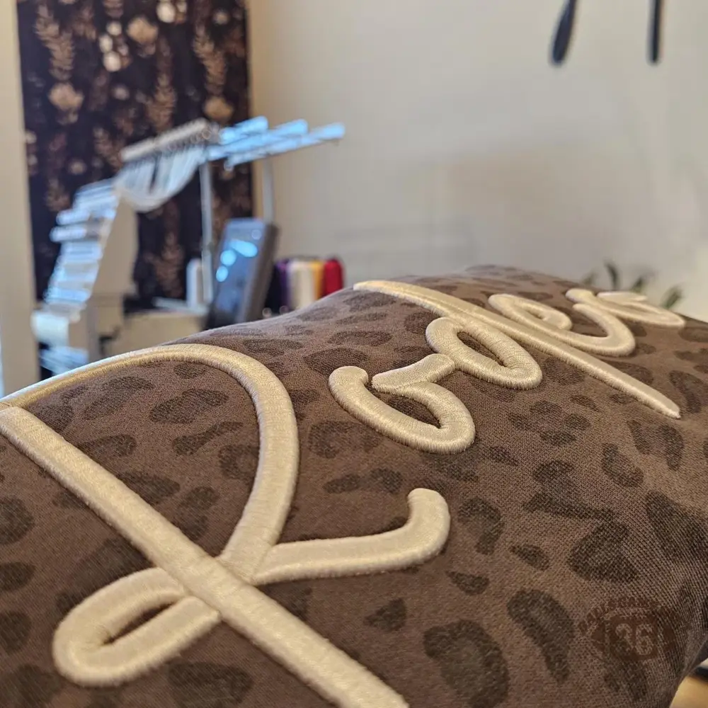 Custom Leopard Puff Embroidered Sweatshirt & T-Shirt | Personalized Script Name Crewneck | School Spirit & Game Day Wear