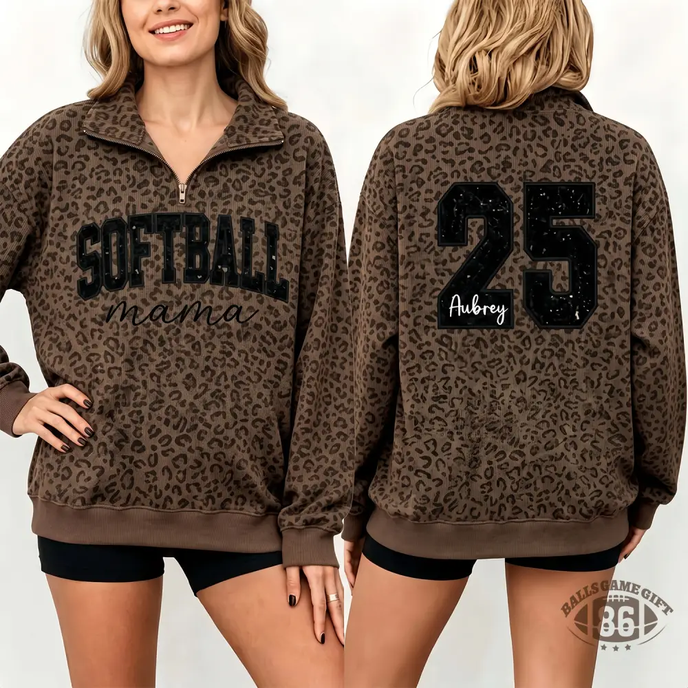 Custom Leopard Quarter Zip Sweatshirt, Personalized Sports Mom Sweatshirt with Sequin Number