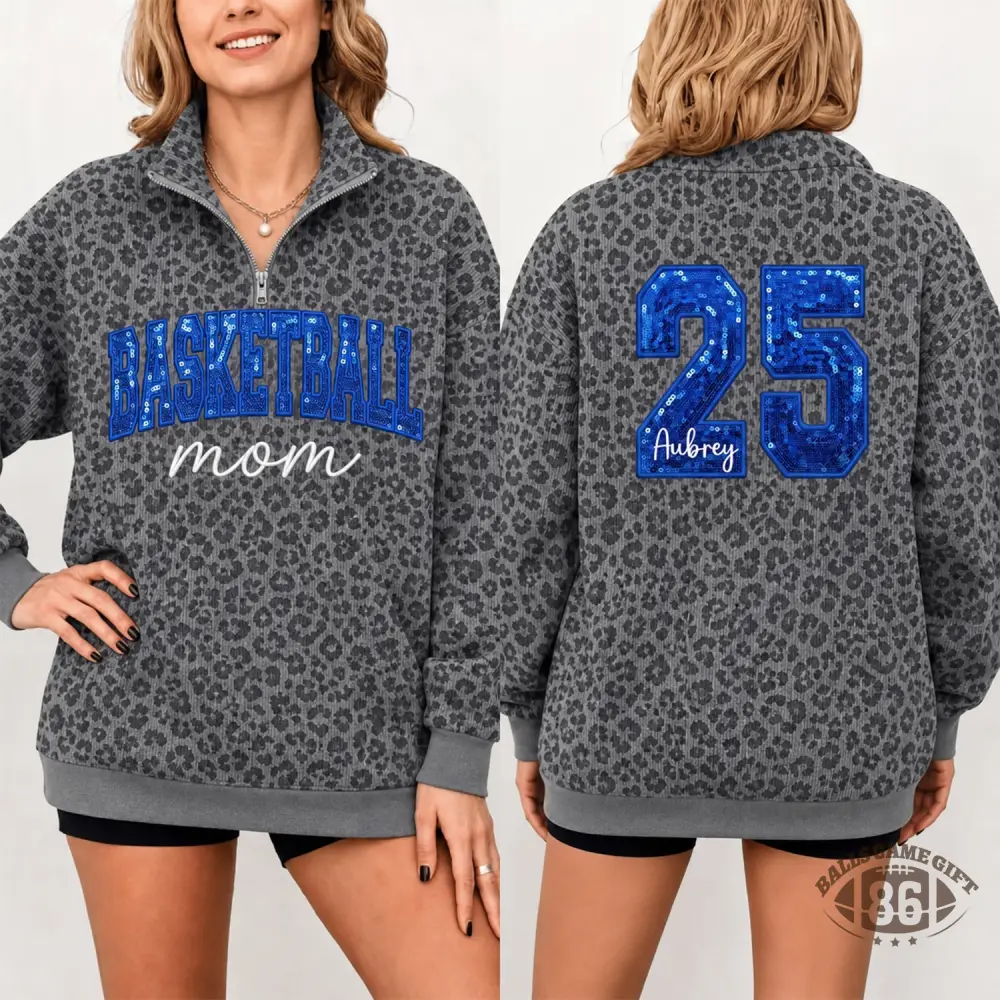 Custom Leopard Quarter Zip Sweatshirt, Personalized Sports Mom Sweatshirt with Sequin Number