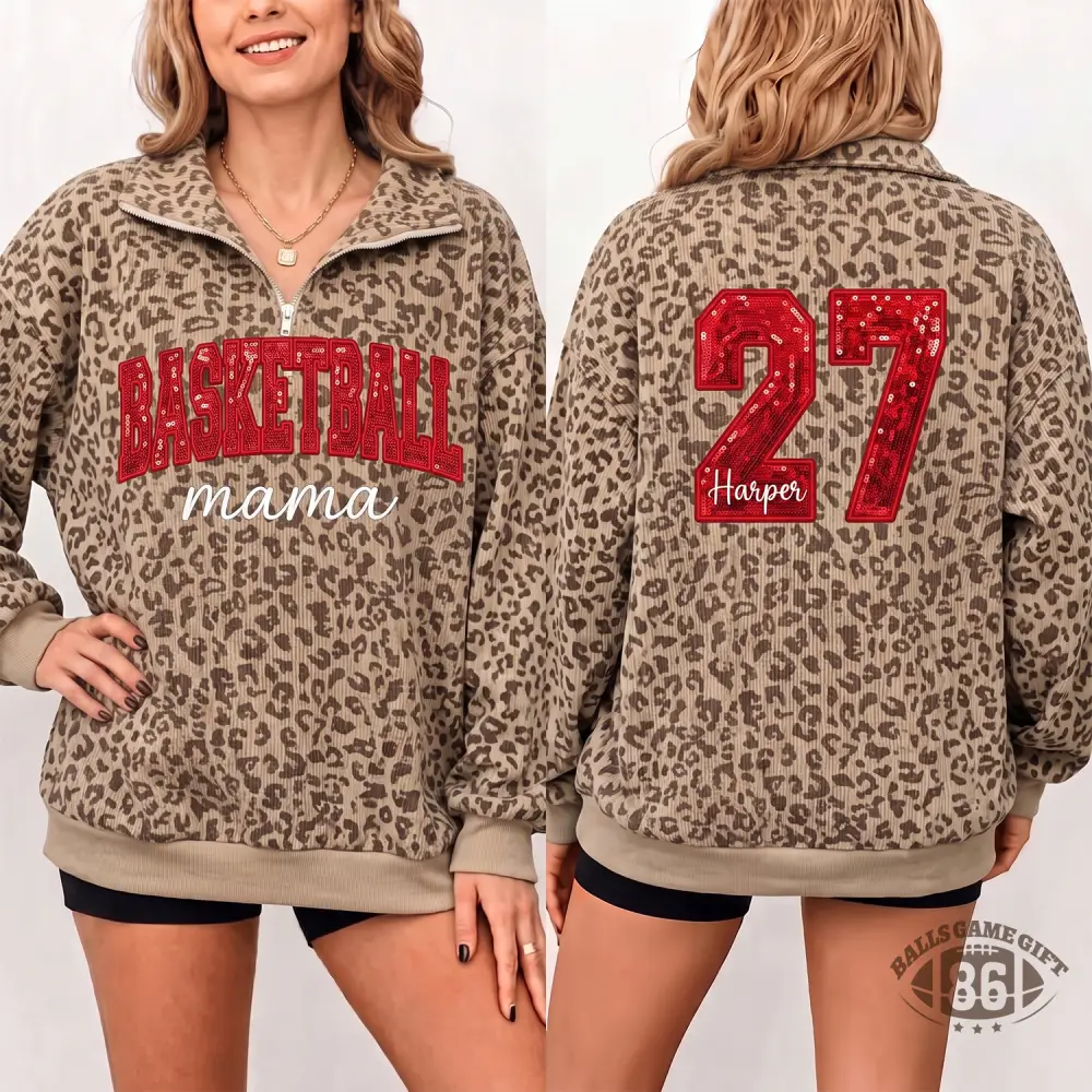 Custom Leopard Quarter Zip Sweatshirt, Personalized Sports Mom Sweatshirt with Sequin Number