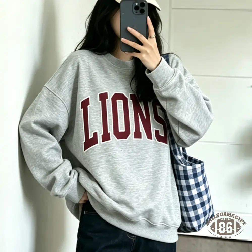 Custom Lions Mascot Embroidery Oversized Game Day Sweatshirt, School Spirit Gift