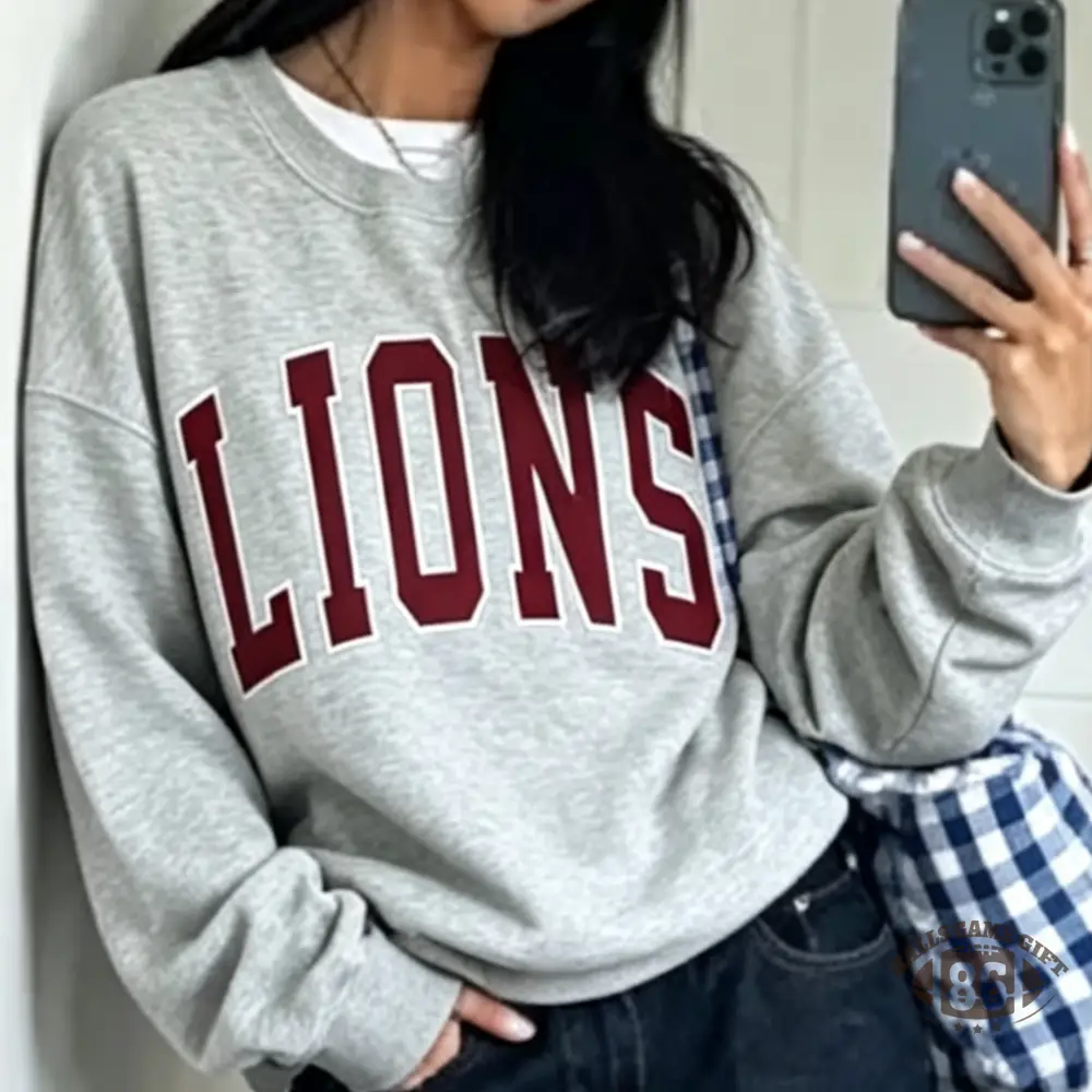 Custom Lions Mascot Embroidery Oversized Game Day Sweatshirt, School Spirit Gift