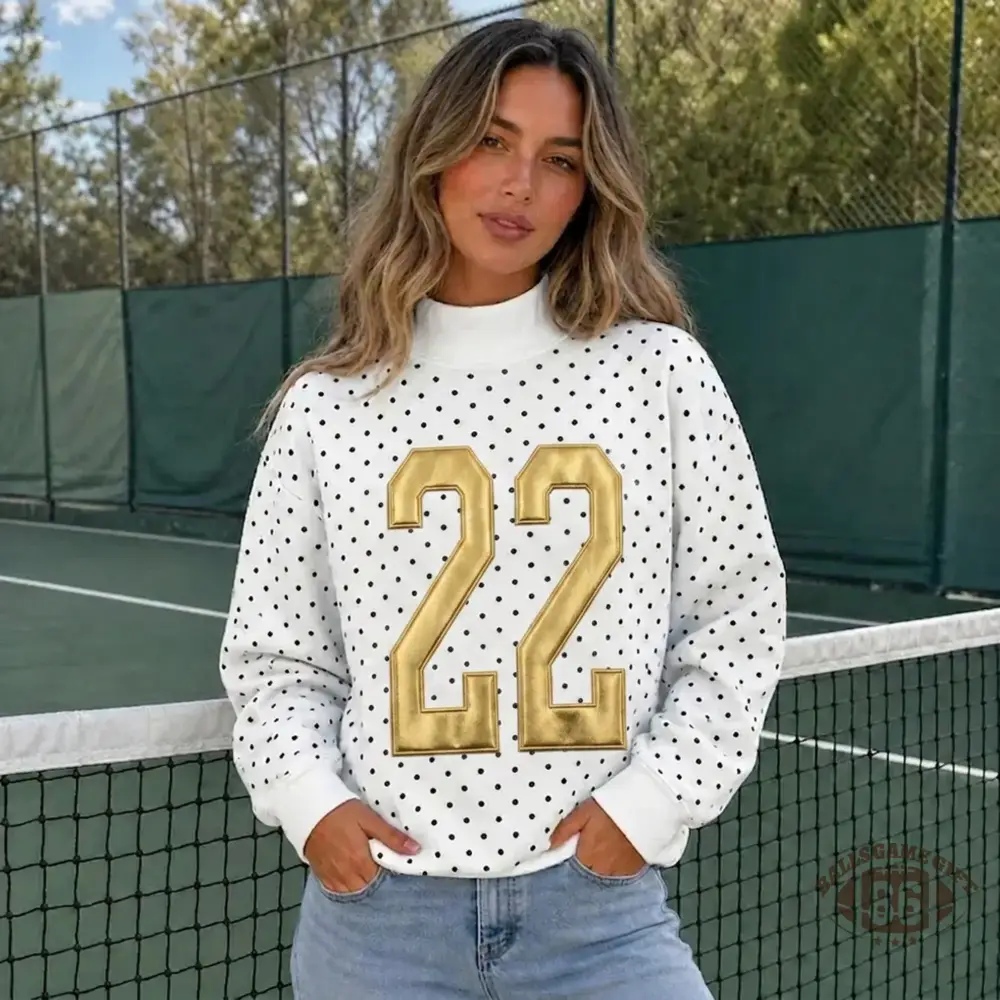 Custom Metallic Puff Number Polka Dot Mockneck Sweatshirt | Personalized Game Day Top