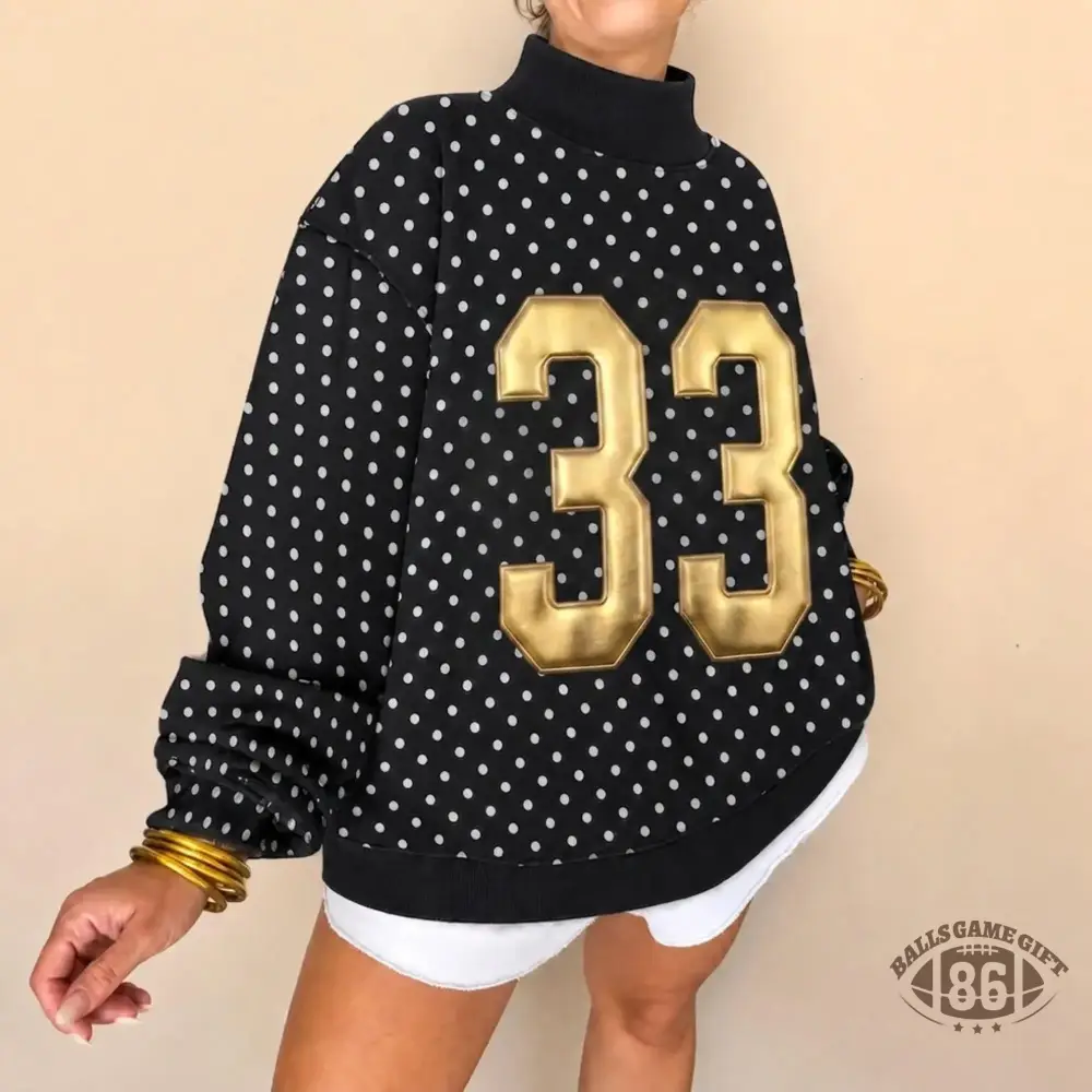 Custom Metallic Puff Number Polka Dot Mockneck Sweatshirt | Personalized Game Day Top