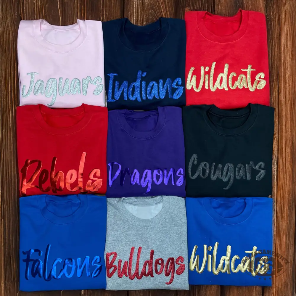 Custom Metallic Puff Print Team Name Sweatshirt, Embossed Mascot School Mascot Tees