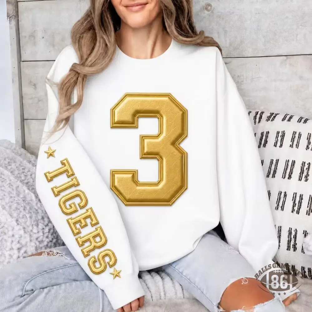 Custom Metallic Puff Sweatshirt, Personalized Varsity Team Name & Number Game Day Crewneck
