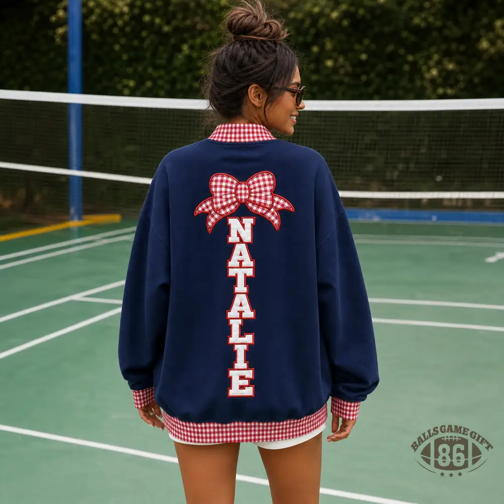 Custom Name Bow Graphic Crewneck Sweatshirt Preppy Plaid Collar Oversized Navy Sweatshirt