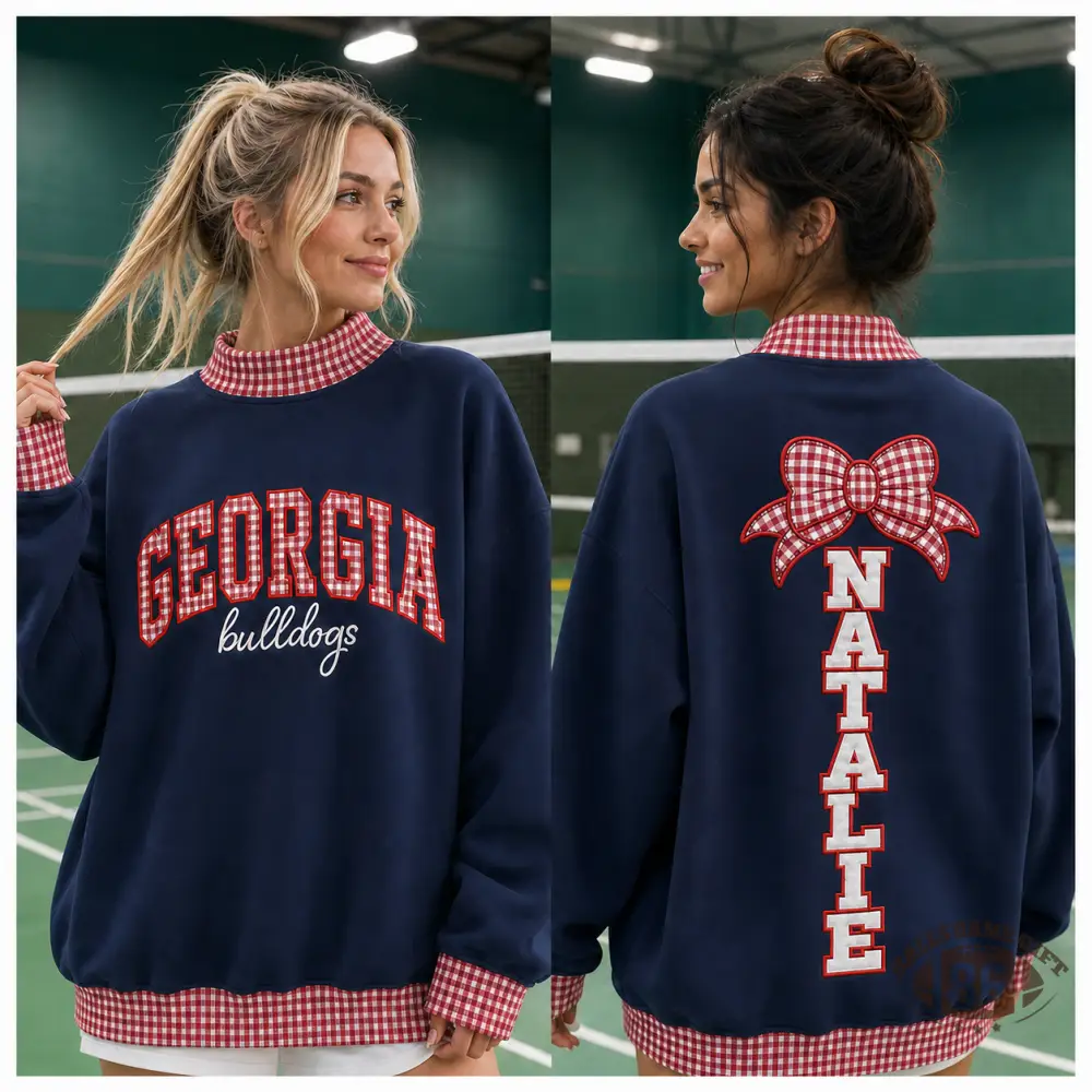 Custom Name Bow Graphic Crewneck Sweatshirt Preppy Plaid Collar Oversized Navy Sweatshirt
