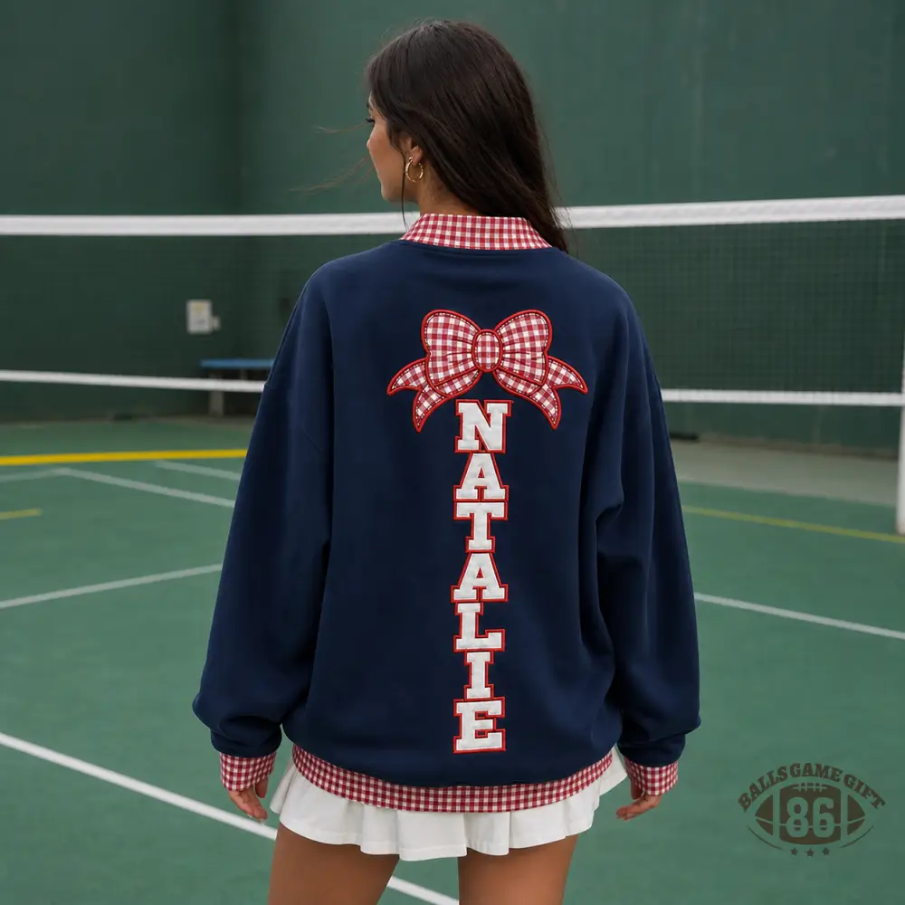 Custom Name Bow Graphic Crewneck Sweatshirt Preppy Plaid Collar Oversized Navy Sweatshirt
