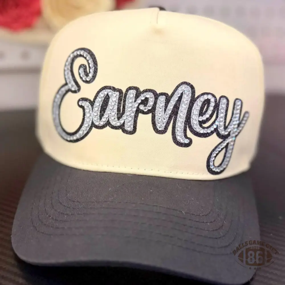 Custom Name Rhinestone Trucker Hat Two Tone Cream Green Baseball Cap Personalized Script Bling Hat