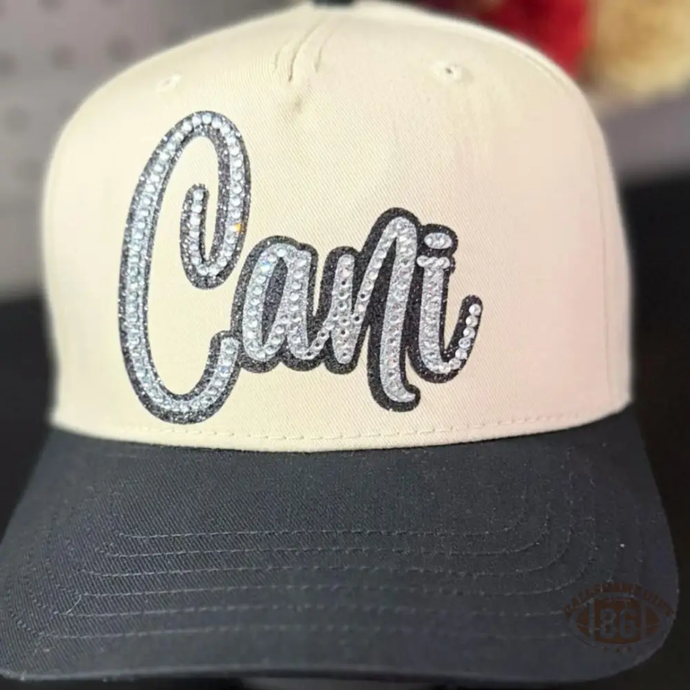 Custom Name Rhinestone Trucker Hat Two Tone Cream Green Baseball Cap Personalized Script Bling Hat