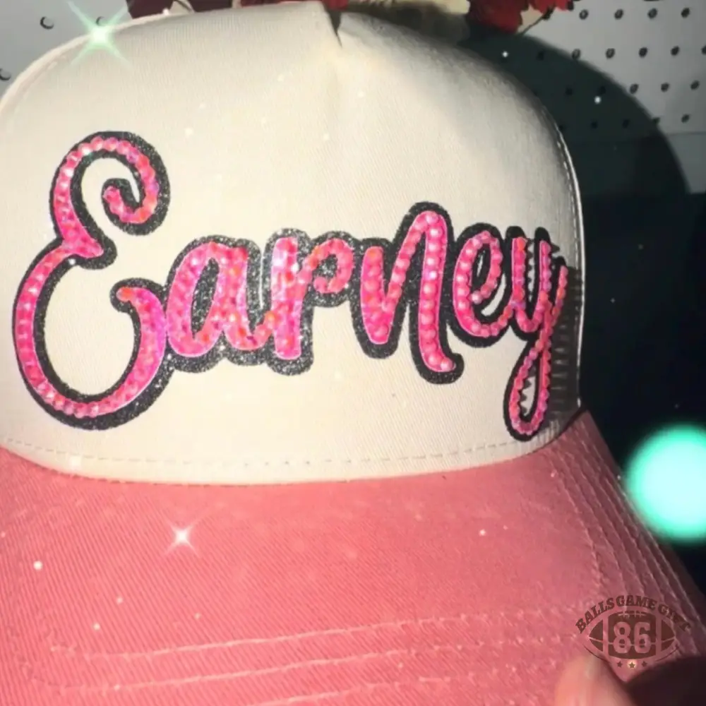 Custom Name Rhinestone Trucker Hat Two Tone Cream Green Baseball Cap Personalized Script Bling Hat
