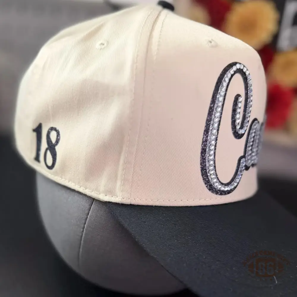 Custom Name Rhinestone Trucker Hat Two Tone Cream Green Baseball Cap Personalized Script Bling Hat