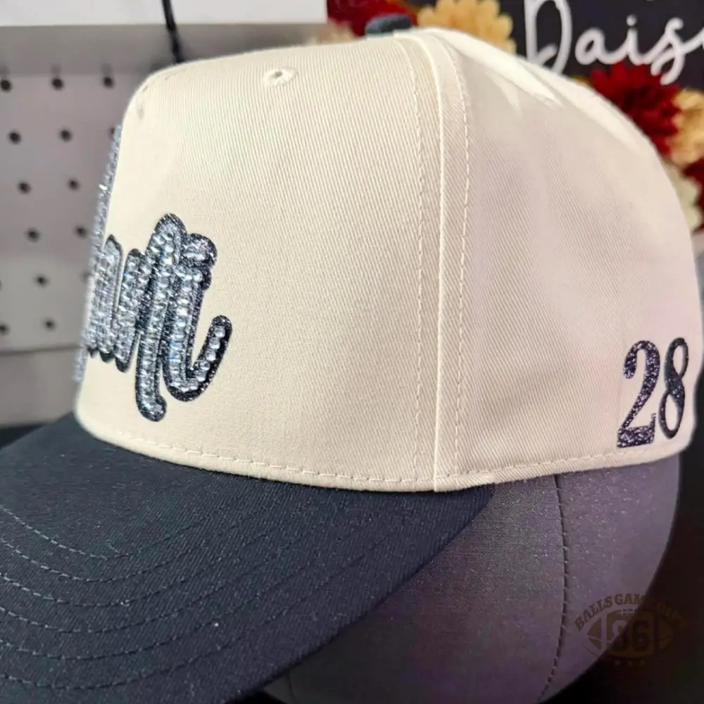 Custom Name Rhinestone Trucker Hat Two Tone Cream Green Baseball Cap Personalized Script Bling Hat