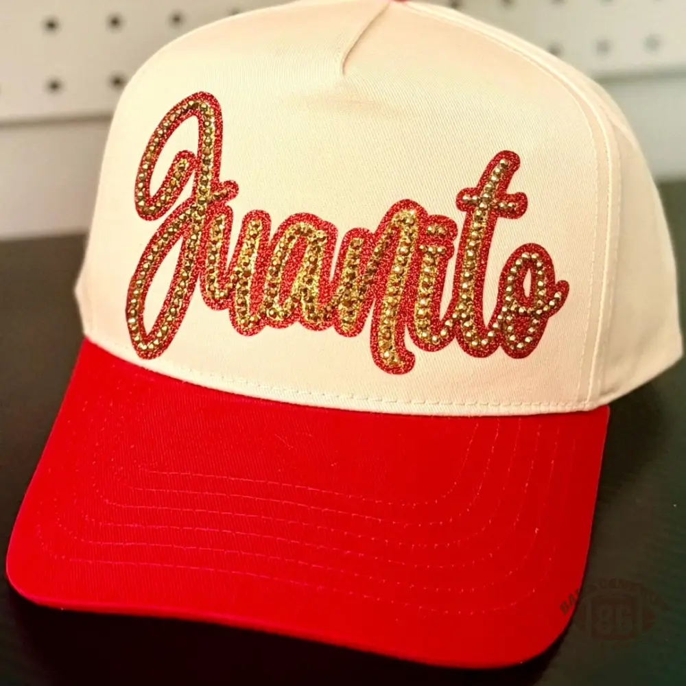 Custom Name Rhinestone Trucker Hat Two Tone Cream Green Baseball Cap Personalized Script Bling Hat