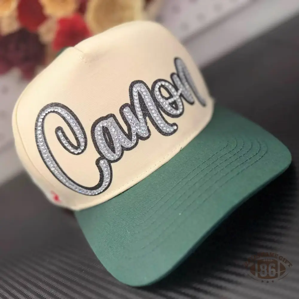 Custom Name Rhinestone Trucker Hat Two Tone Cream Green Baseball Cap Personalized Script Bling Hat