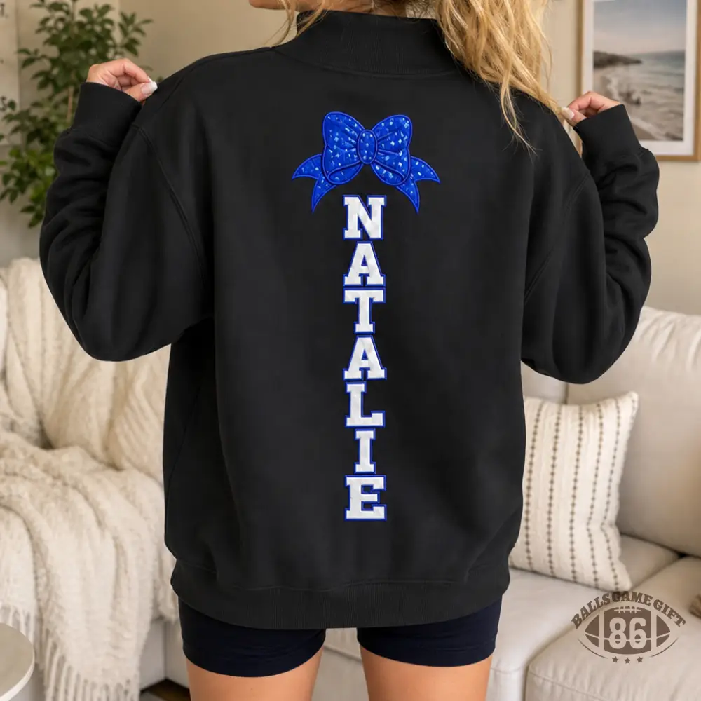 Custom Name Sparkle Bow Back Print Casual Oversized Mock Neck Sweatshirt Gift for Cheer Moms 