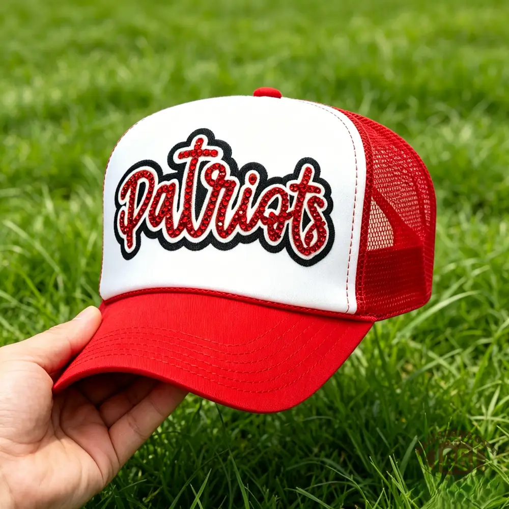 Custom Patriots Rhinestone Trucker Hat – Sparkly Crystal Mesh Baseball Cap for Game Day