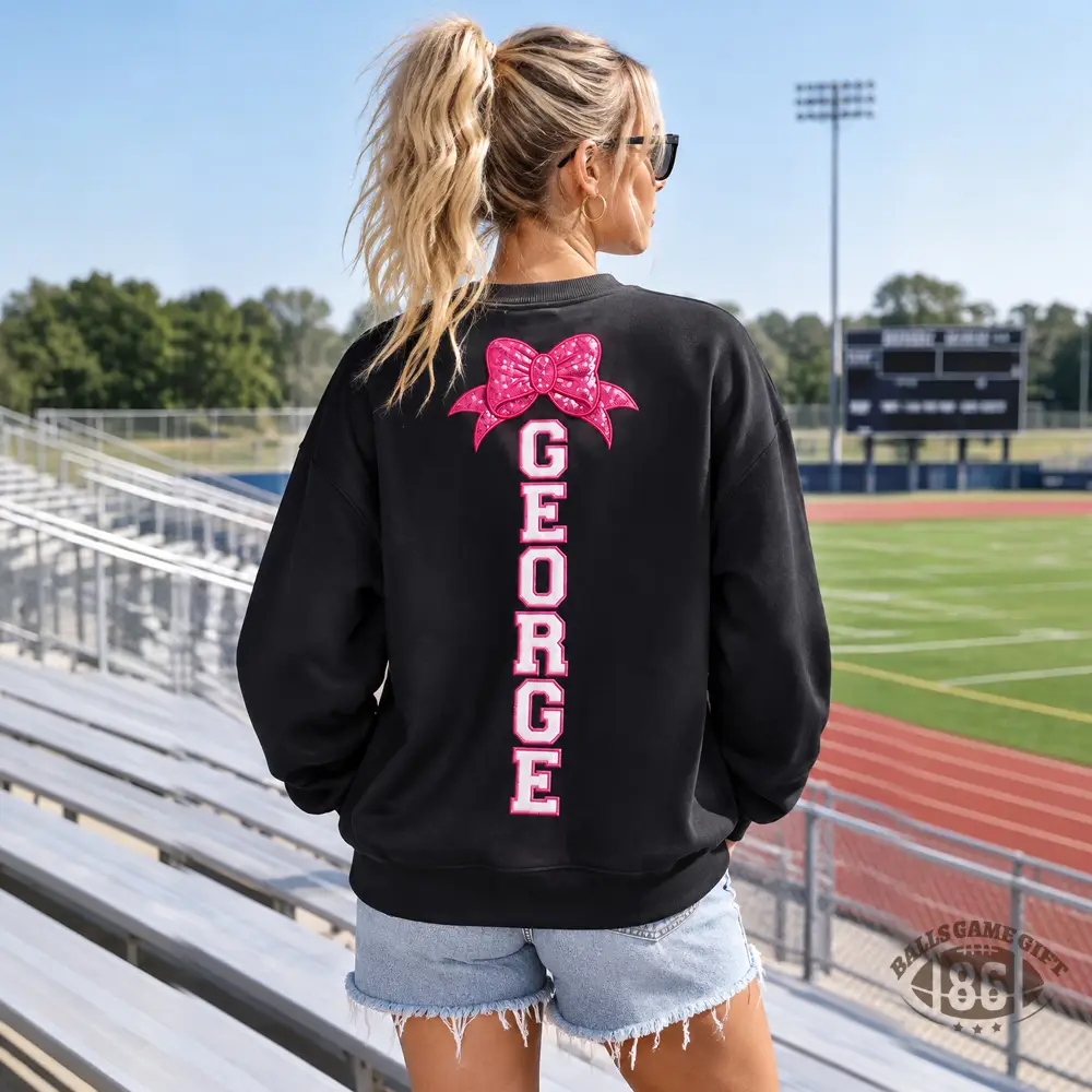 Custom Pink Out Game Day Sweatshirt | Personalized Name & Sequin Bow Crewneck, Breast Cancer Awareness Football Crewneck