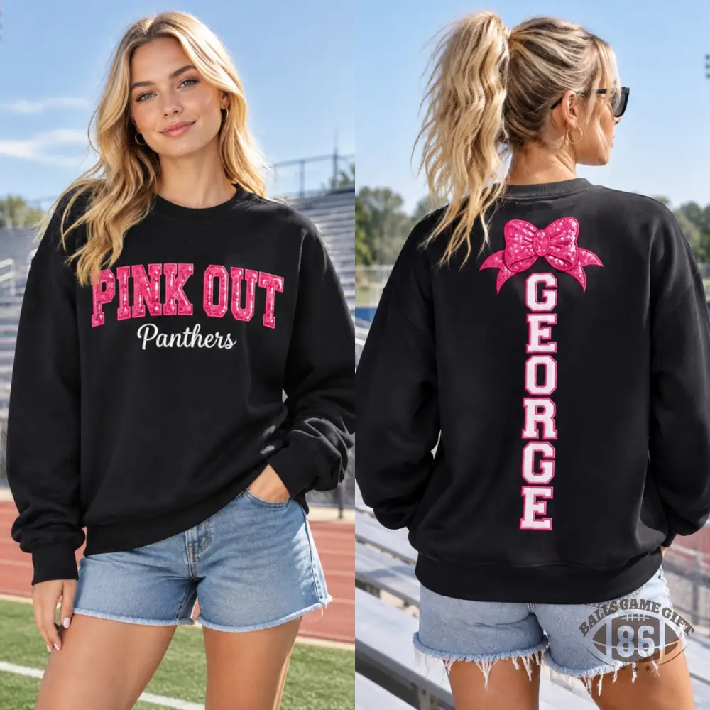 Custom Pink Out Game Day Sweatshirt | Personalized Name & Sequin Bow Crewneck, Breast Cancer Awareness Football Crewneck
