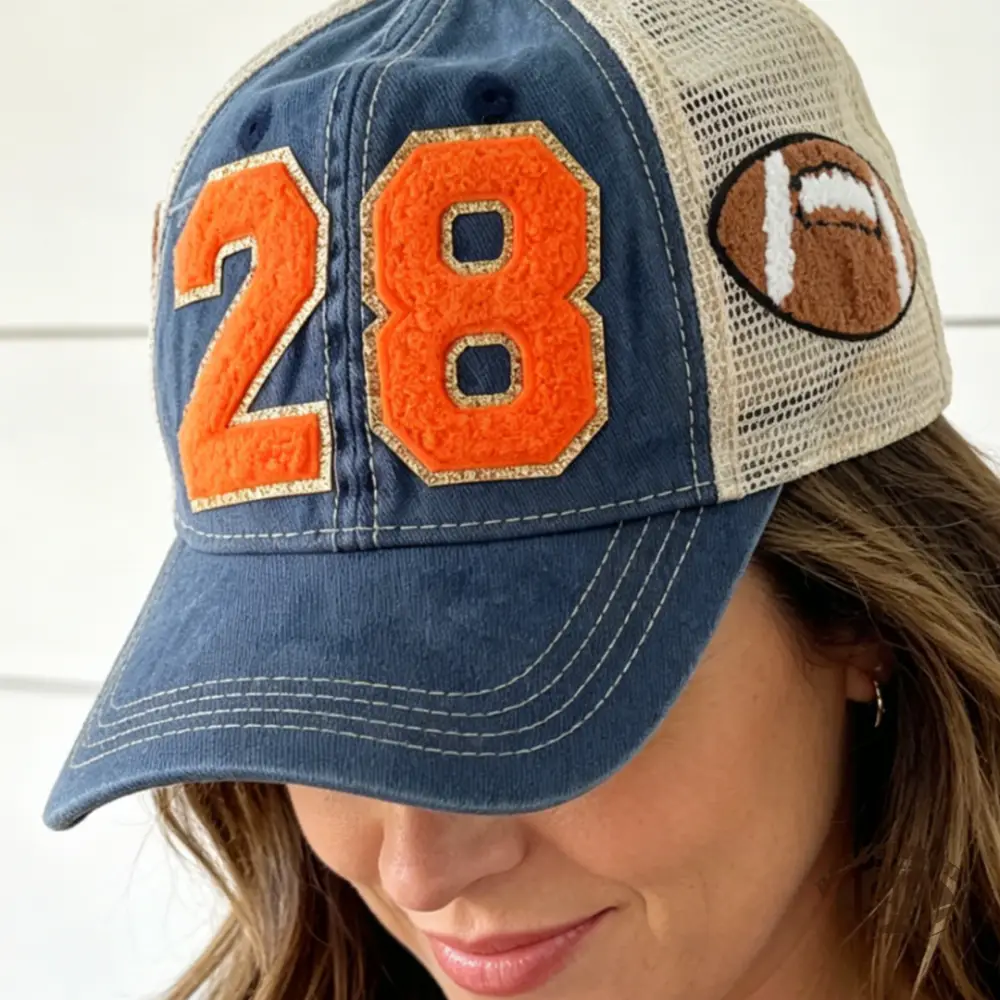 Custom Player Number Distressed Denim Football Trucker Hat for Game Day