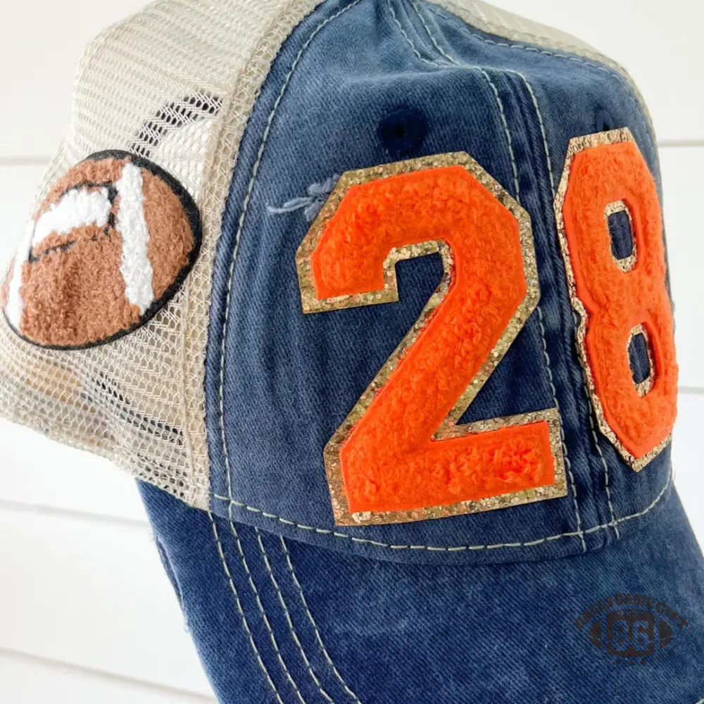 Custom Player Number Distressed Denim Football Trucker Hat for Game Day