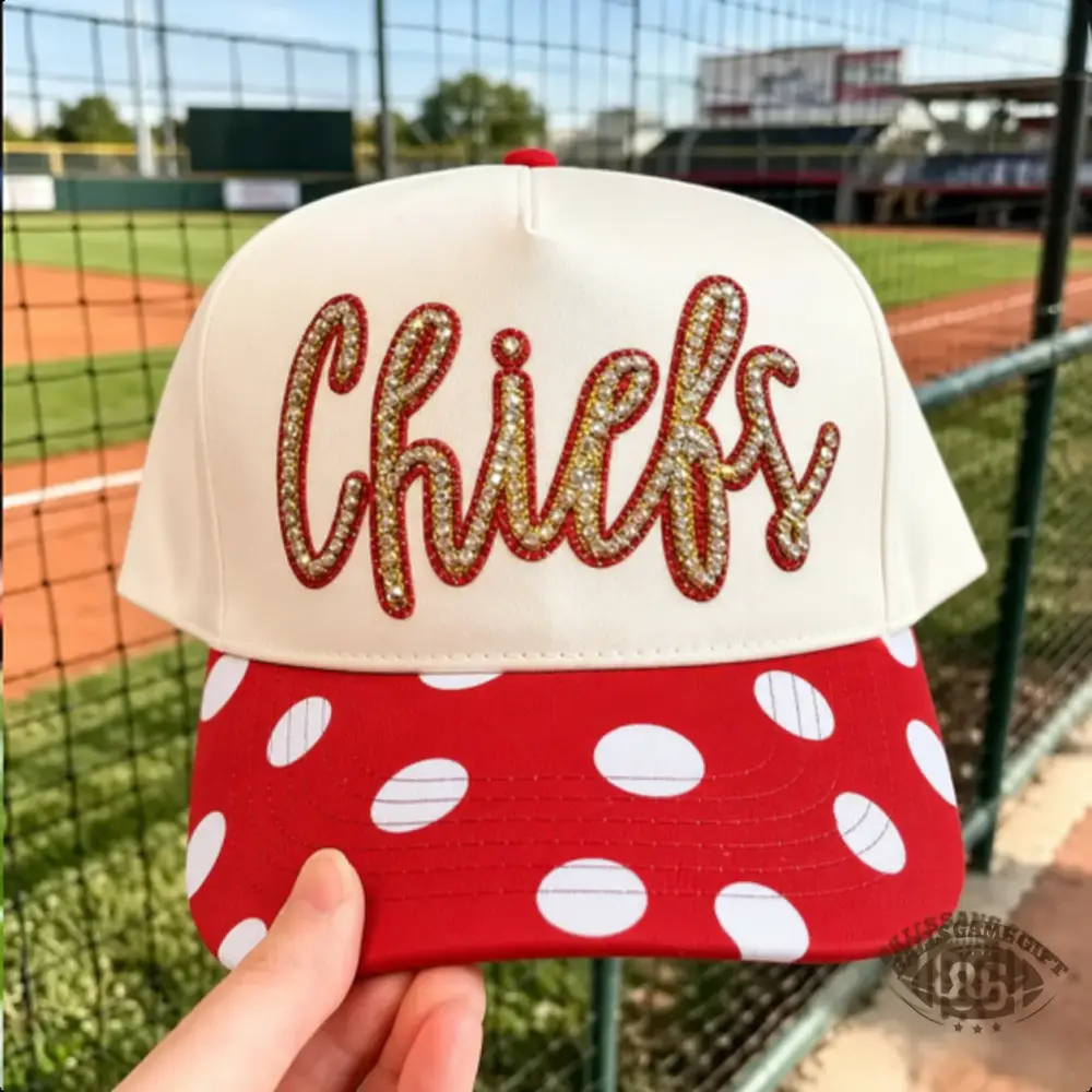 Custom Polka‑Dot Brim Baseball Hat, Personalized Varsity Team Name Rhinestones Trucker Cap