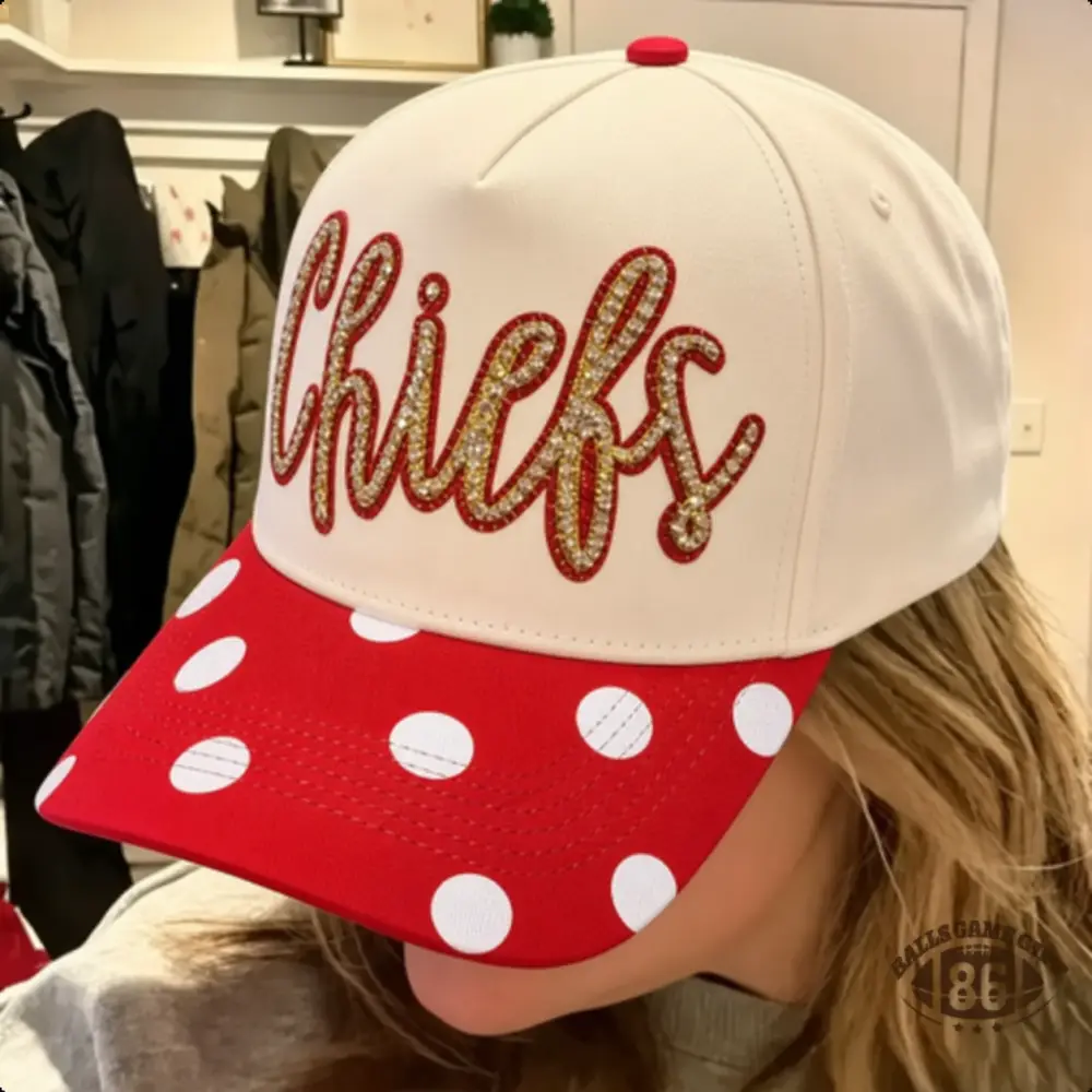 Custom Polka‑Dot Brim Baseball Hat, Personalized Varsity Team Name Rhinestones Trucker Cap
