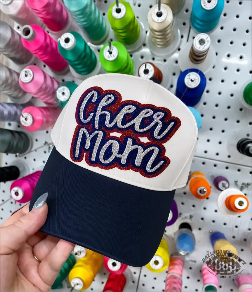Custom Rhinestone Glitter Bling Cheer Mom Cap, Hand‑crafted Cheer Game Day Baseball Hat, Gift for Cheer Mom