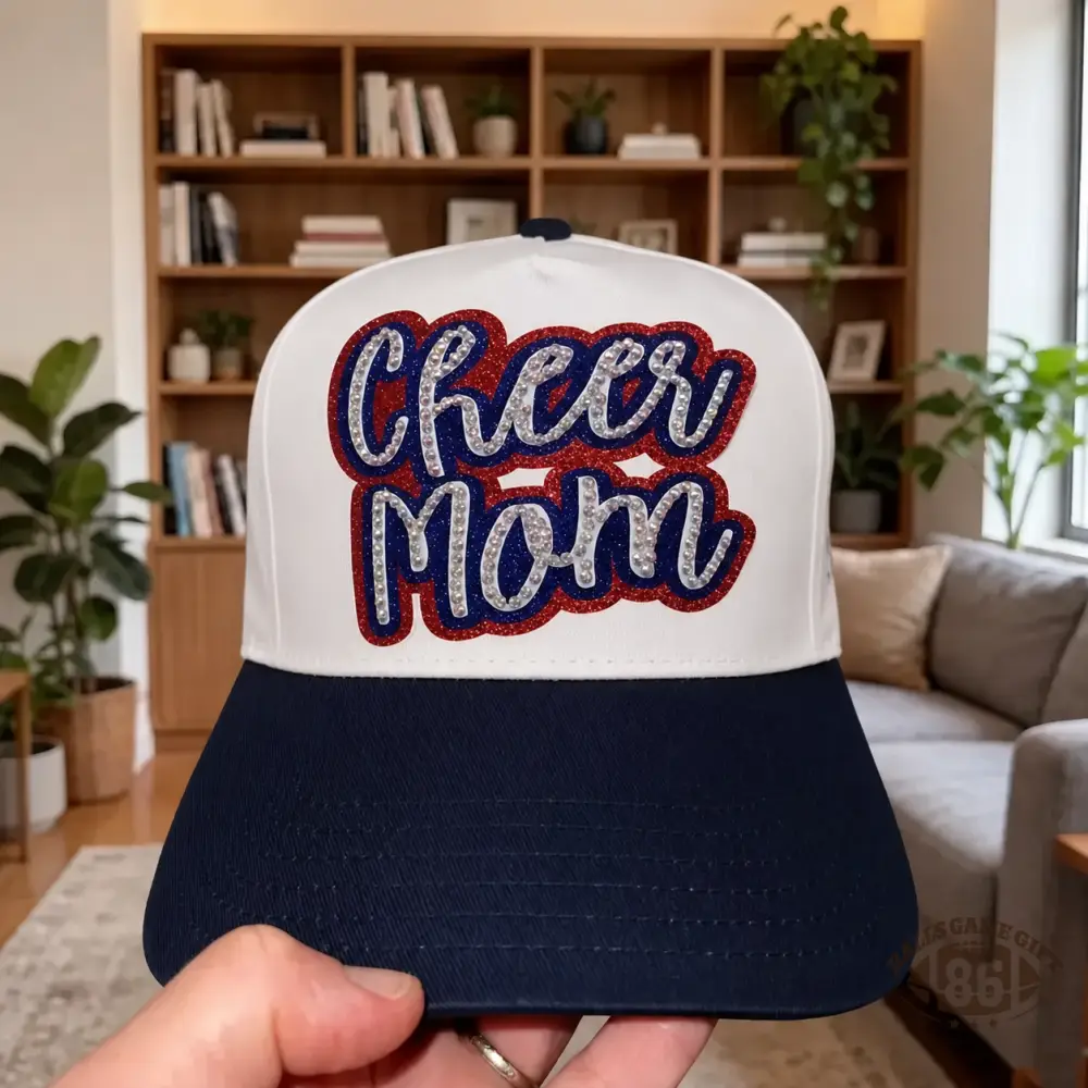 Custom Rhinestone Glitter Bling Cheer Mom Cap, Hand‑crafted Cheer Game Day Baseball Hat, Gift for Cheer Mom