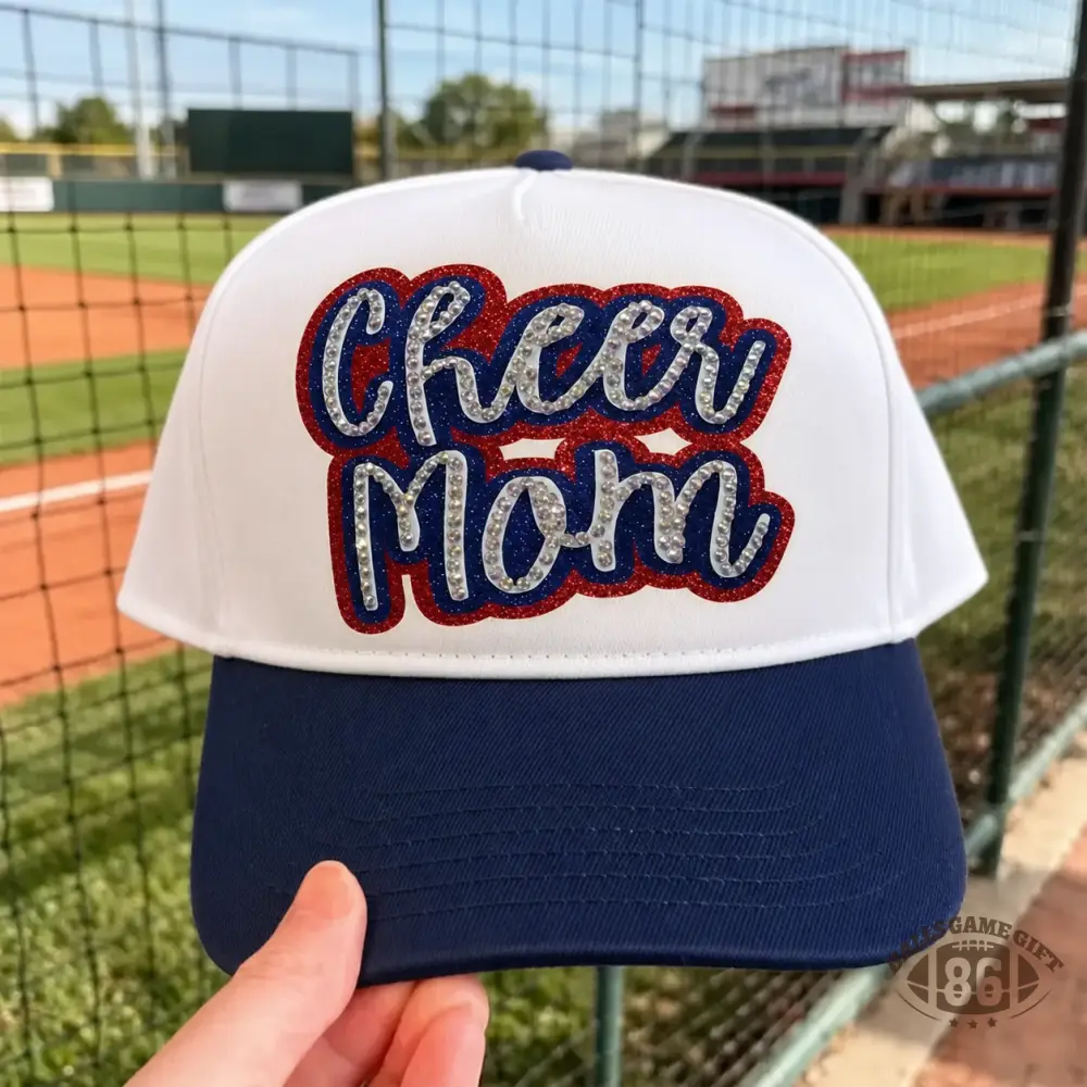 Custom Rhinestone Glitter Bling Cheer Mom Cap, Hand‑crafted Cheer Game Day Baseball Hat, Gift for Cheer Mom
