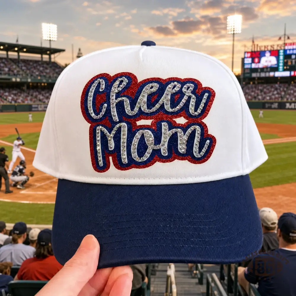 Custom Rhinestone Glitter Bling Cheer Mom Cap, Hand‑crafted Cheer Game Day Baseball Hat, Gift for Cheer Mom