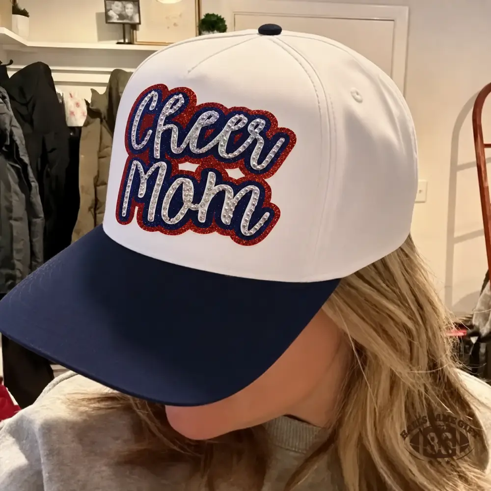 Custom Rhinestone Glitter Bling Cheer Mom Cap, Hand‑crafted Cheer Game Day Baseball Hat, Gift for Cheer Mom