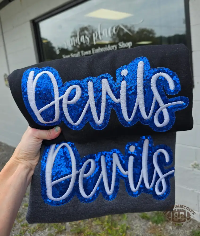 Custom School Spirit Devils Sequin Letter Oversized Black Tee