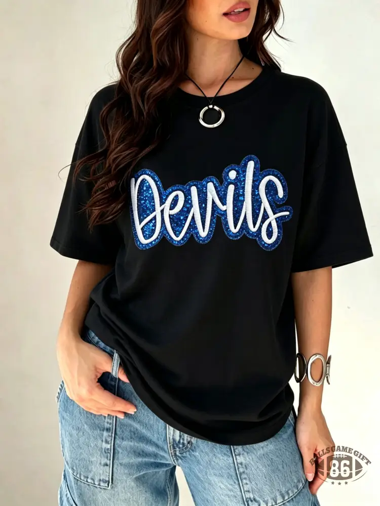 Custom School Spirit Devils Sequin Letter Oversized Black Tee