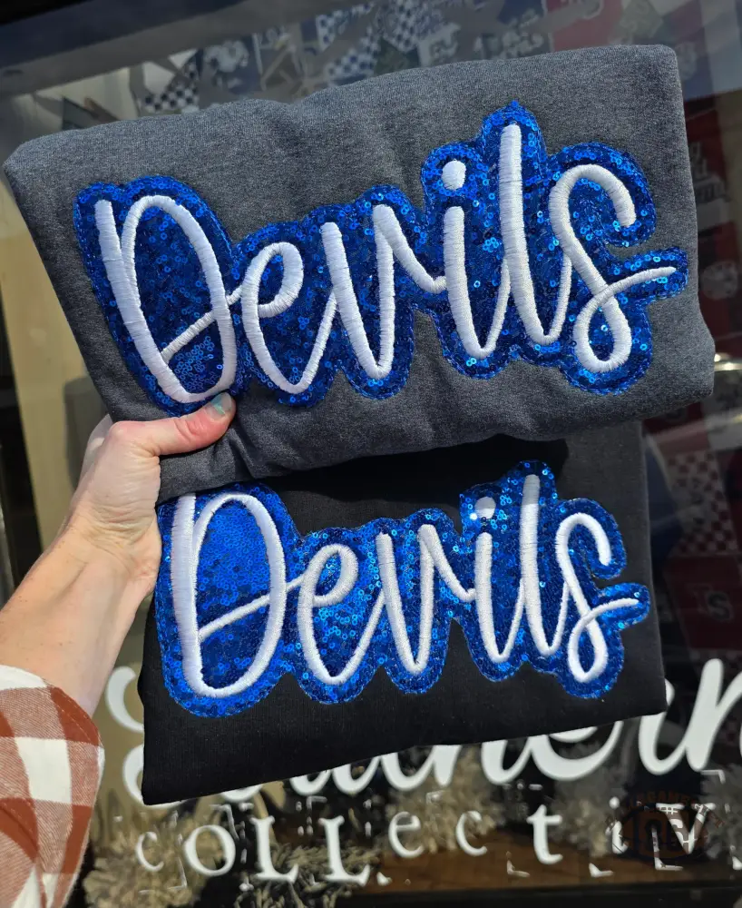 Custom School Spirit Devils Sequin Letter Oversized Black Tee